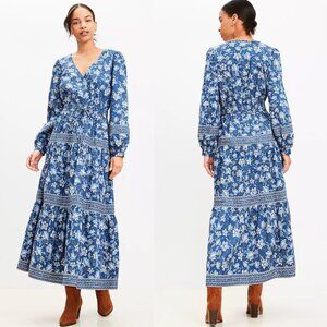 LOFT Blue Argentine Sea Floral Smocked Tie Waist Midi Dress V-Neck Size L